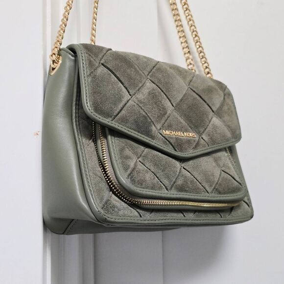 Michael Kors Regina Medium Woven Suede Convertible Shoulder Bag in Army Green - Picture 3 of 12